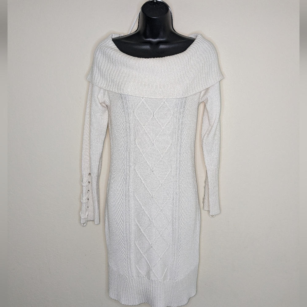 Leighton White Knit Sweater Dress | Size Large | Off Shoulder Cable Knit